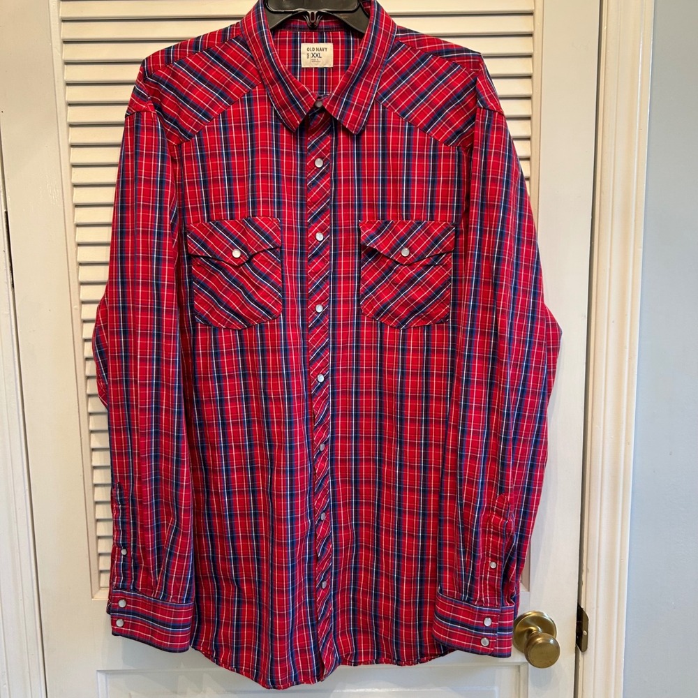 Old Navy XXL Mens Plaid Shirt Button Front Long Sleeve Western Cowboy Red Bluev